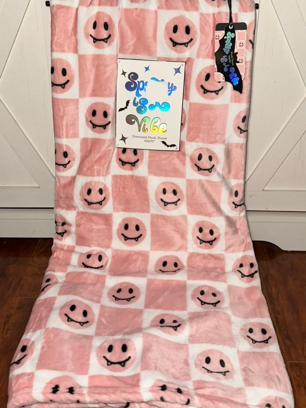 Pink Smiley Vampire Checkered Plush Throw Blanket